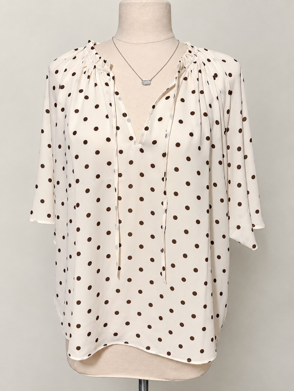 LOFT White and Brown Polka Dot Tie-Neck Blouse